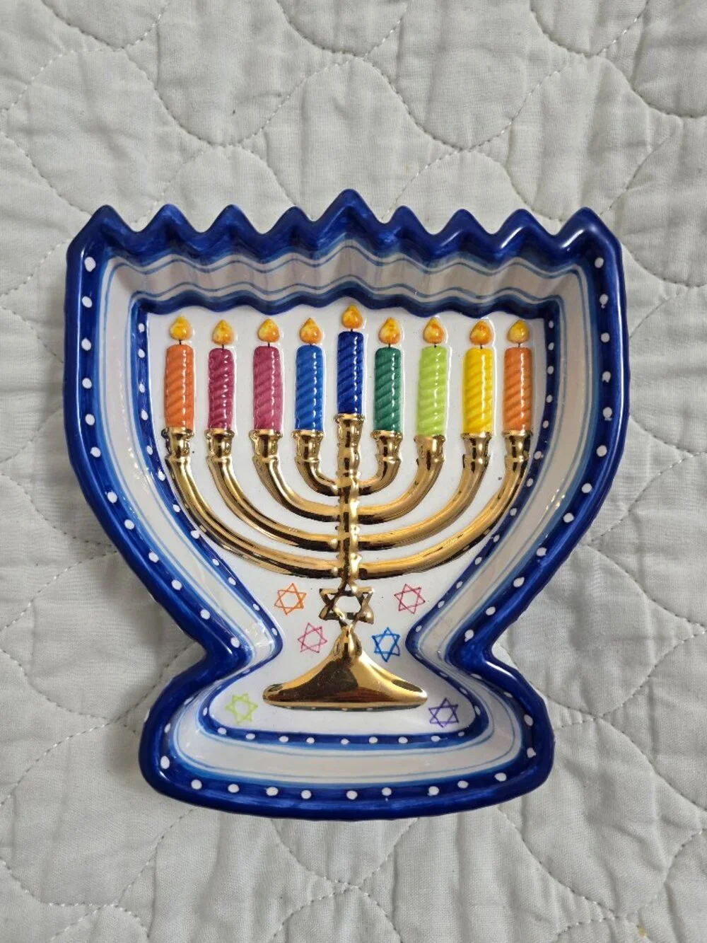 Menorah Shaped Candy Bowl Susan Fischer Weis Design Rainbow Design Ceramic Dish.